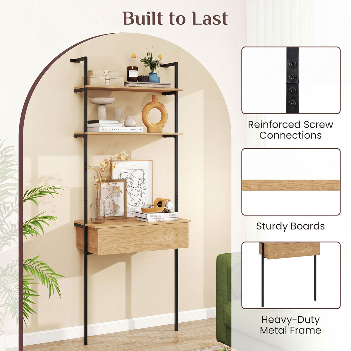 4-Tier Ladder Bookshelf with Drawer and Metal Frame
