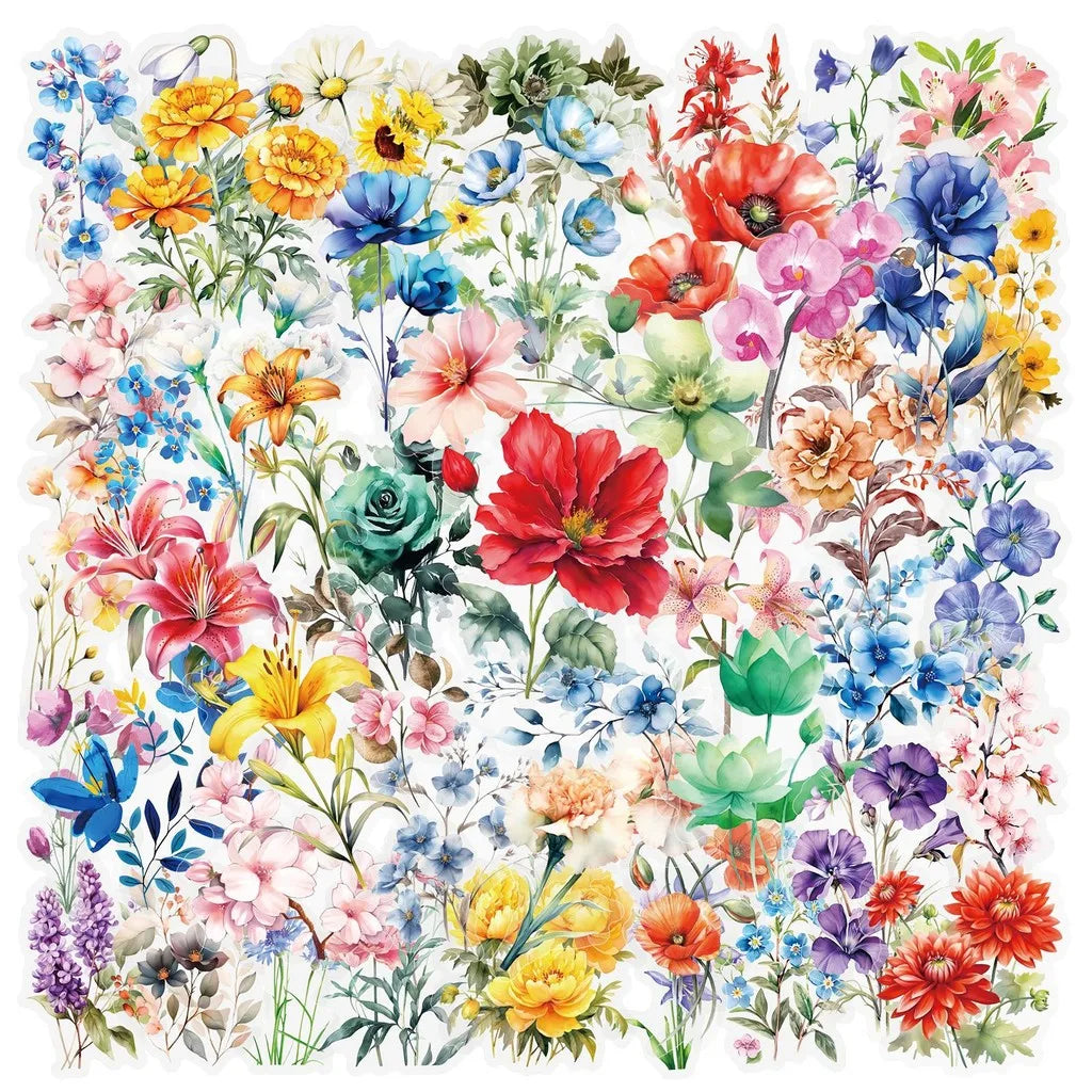50 Transparent Flower Stickers | PET Decorative Craft Set for Journals and Notebooks