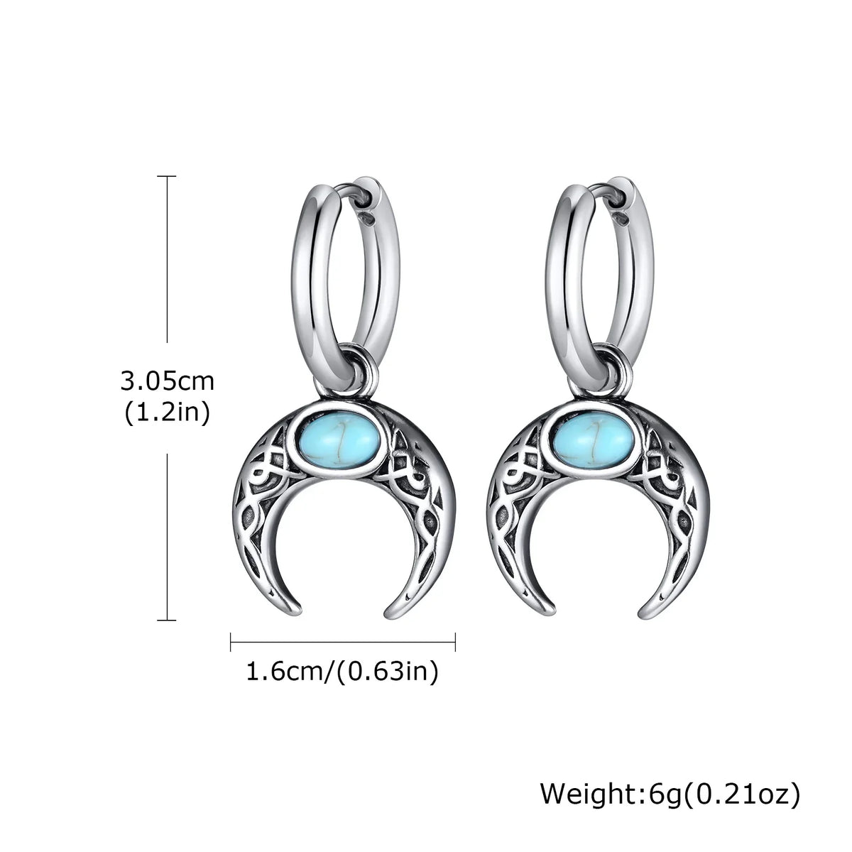 Vintage Moon Earrings for Men | Green Stone Stainless Steel Hoop Jewelry