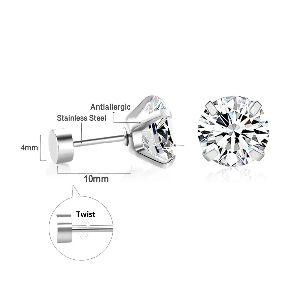 Surgical Steel Cubic Zirconia Stud Earrings | Unisex Screw-Back Earrings