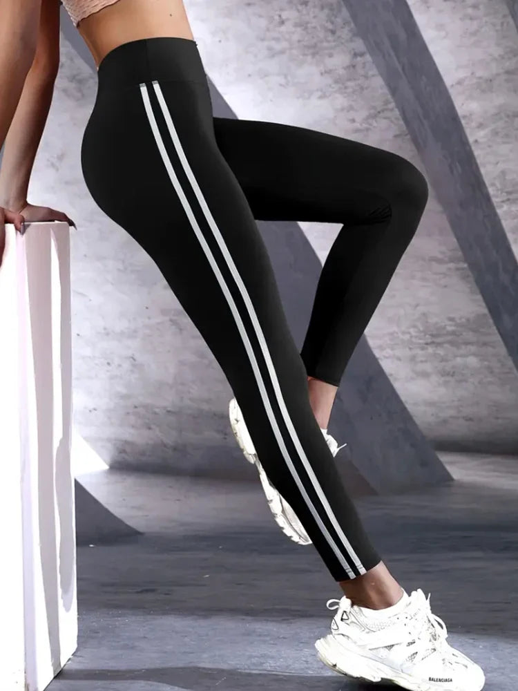 High Waisted Slim Fit Leggings with Side Stripes for Women