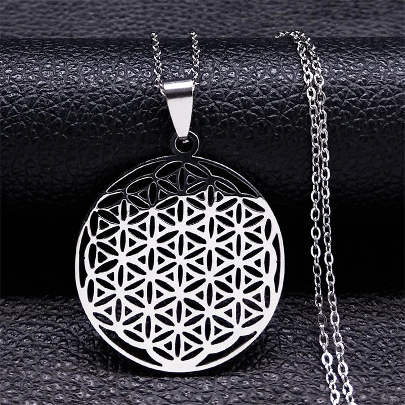 Sacred Geometry Flower of Life Necklace | Stainless Steel Mandala Pendant with Black Beads