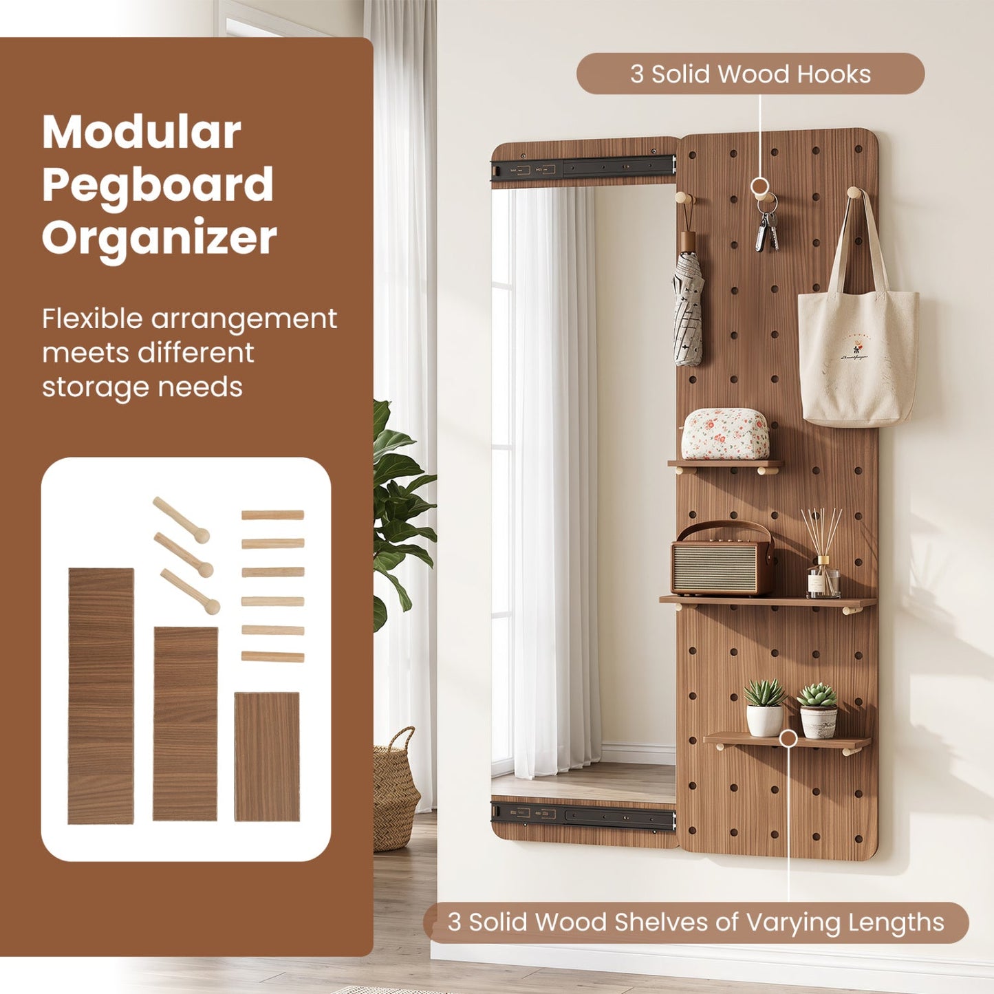 Full Length Wall Mirror with Sliding Pegboard & Shelves