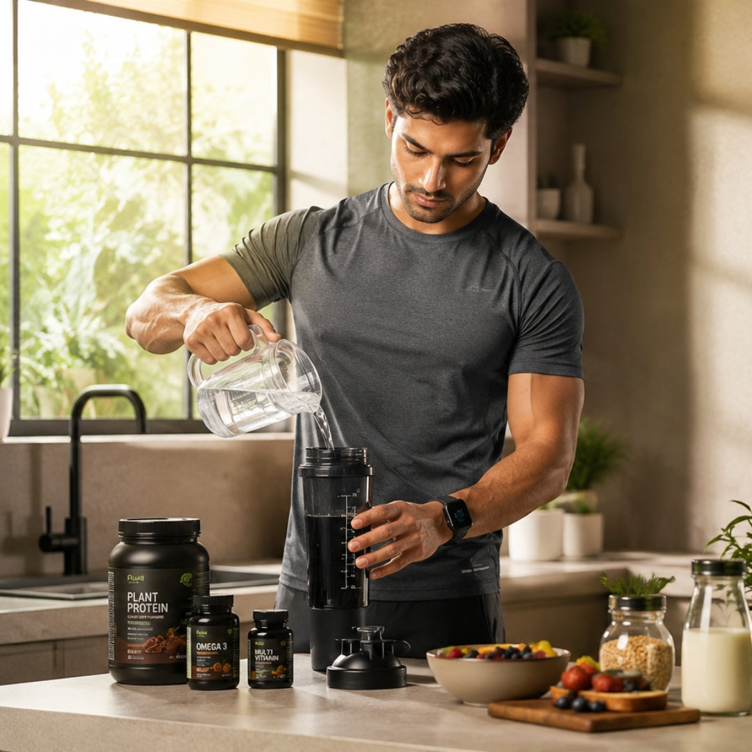 Man preparing a protein shake in a kitchen with various supplements and ingredients on the counter.