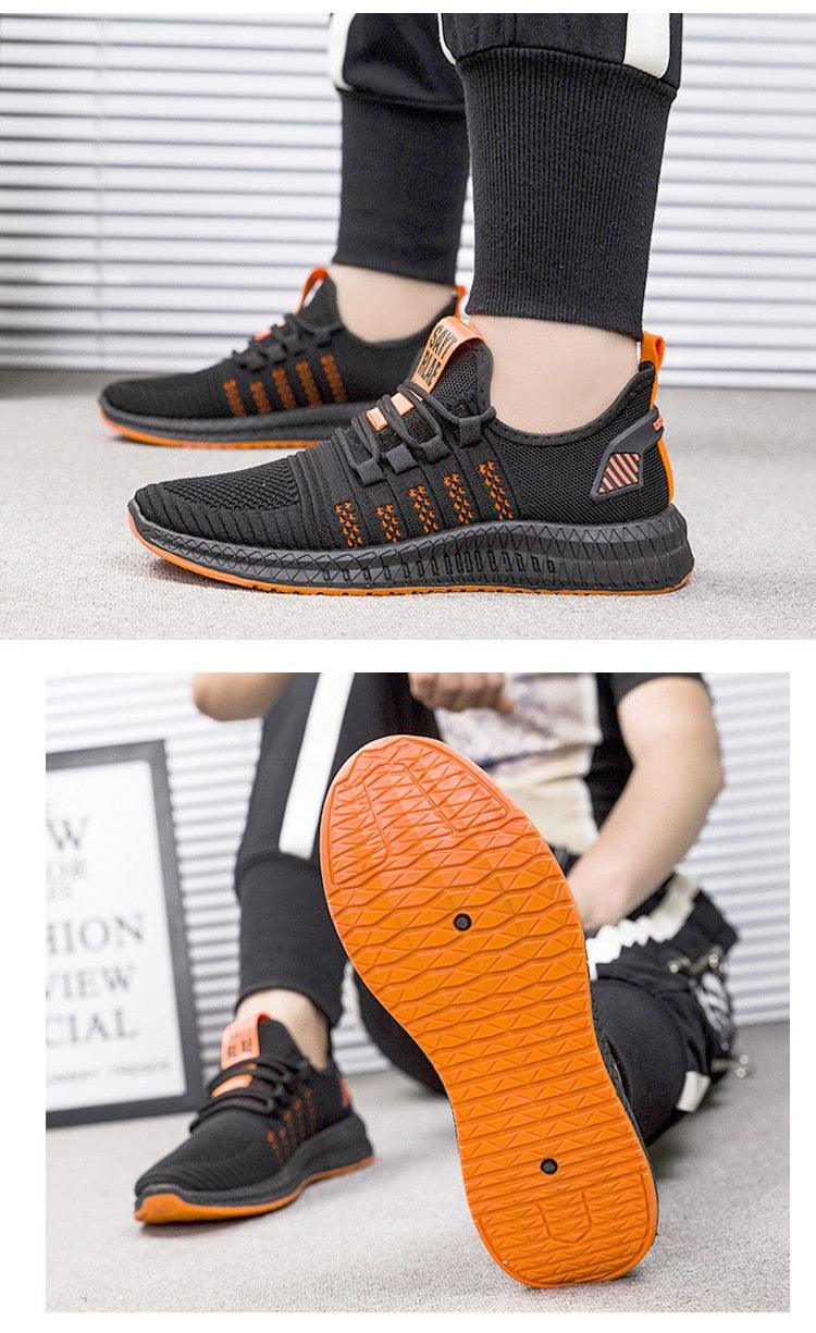 Men’s Mesh Running Sneakers – Lightweight Orange Sole Sport Shoes