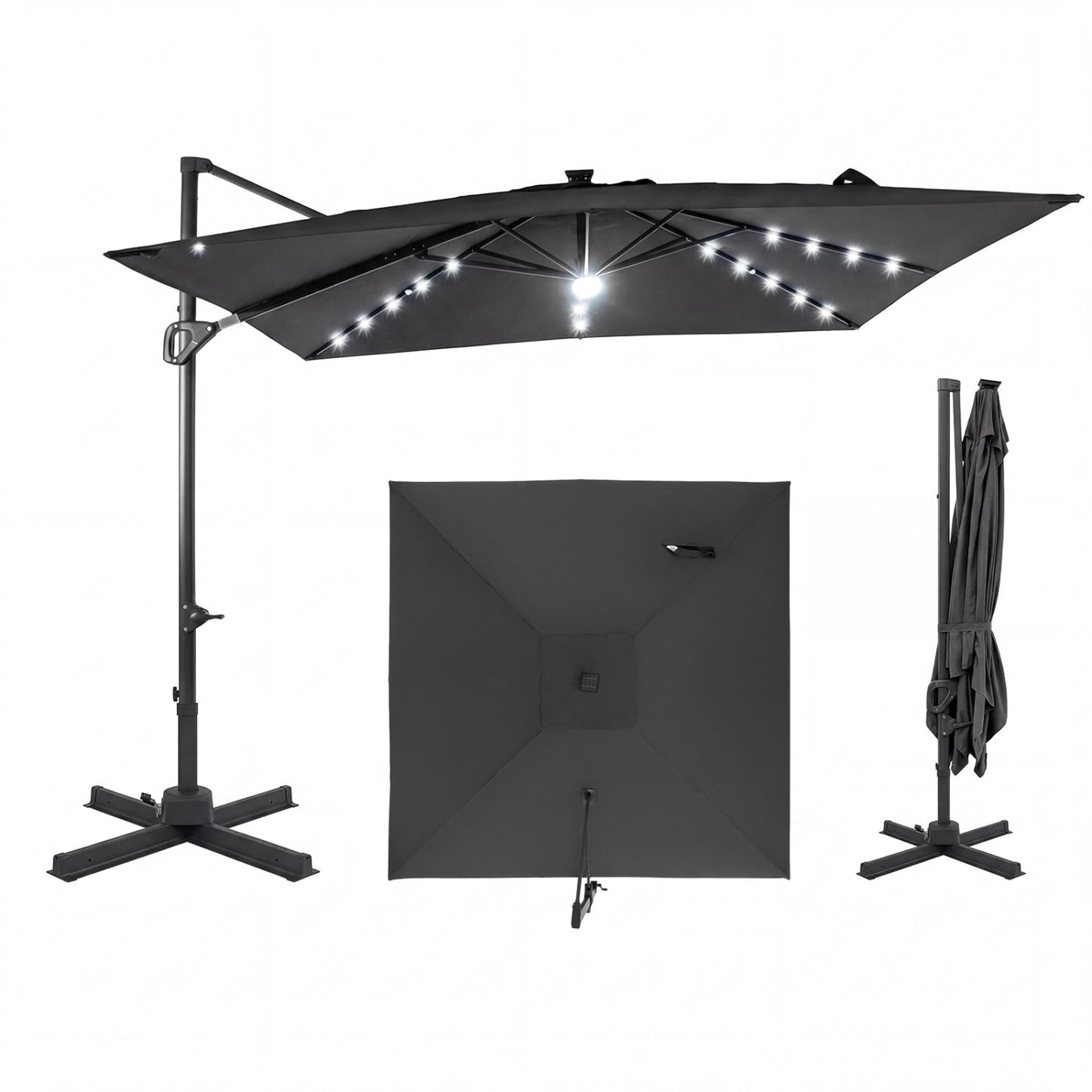 10 FT Cantilever Patio Umbrella with Solar LED Lights for Pool and Garden