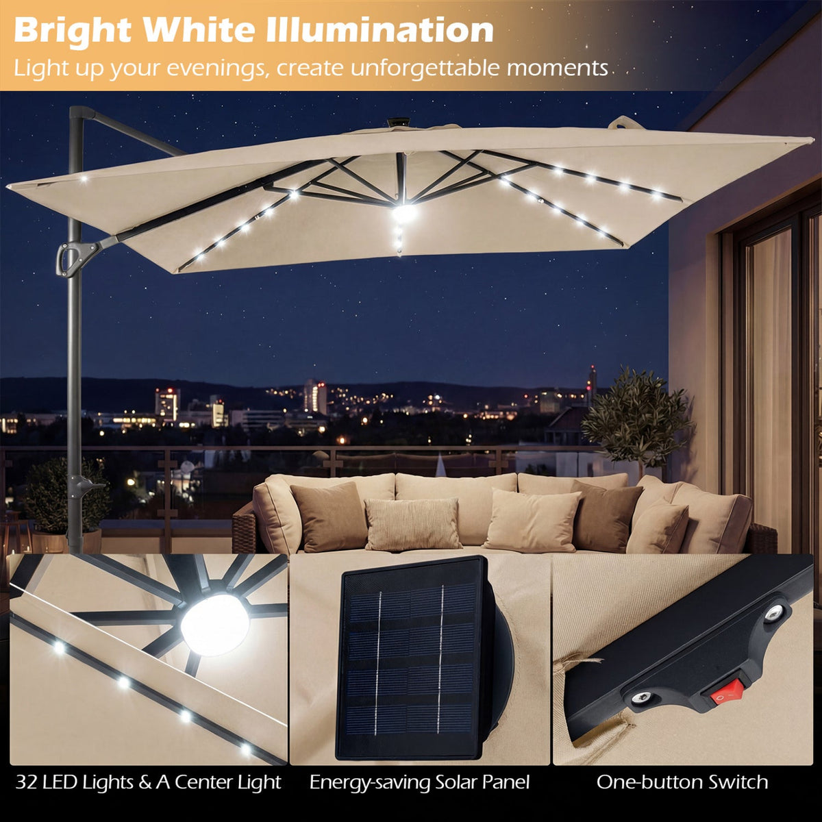 10 FT Cantilever Patio Umbrella with Solar LED Lights for Pool and Garden