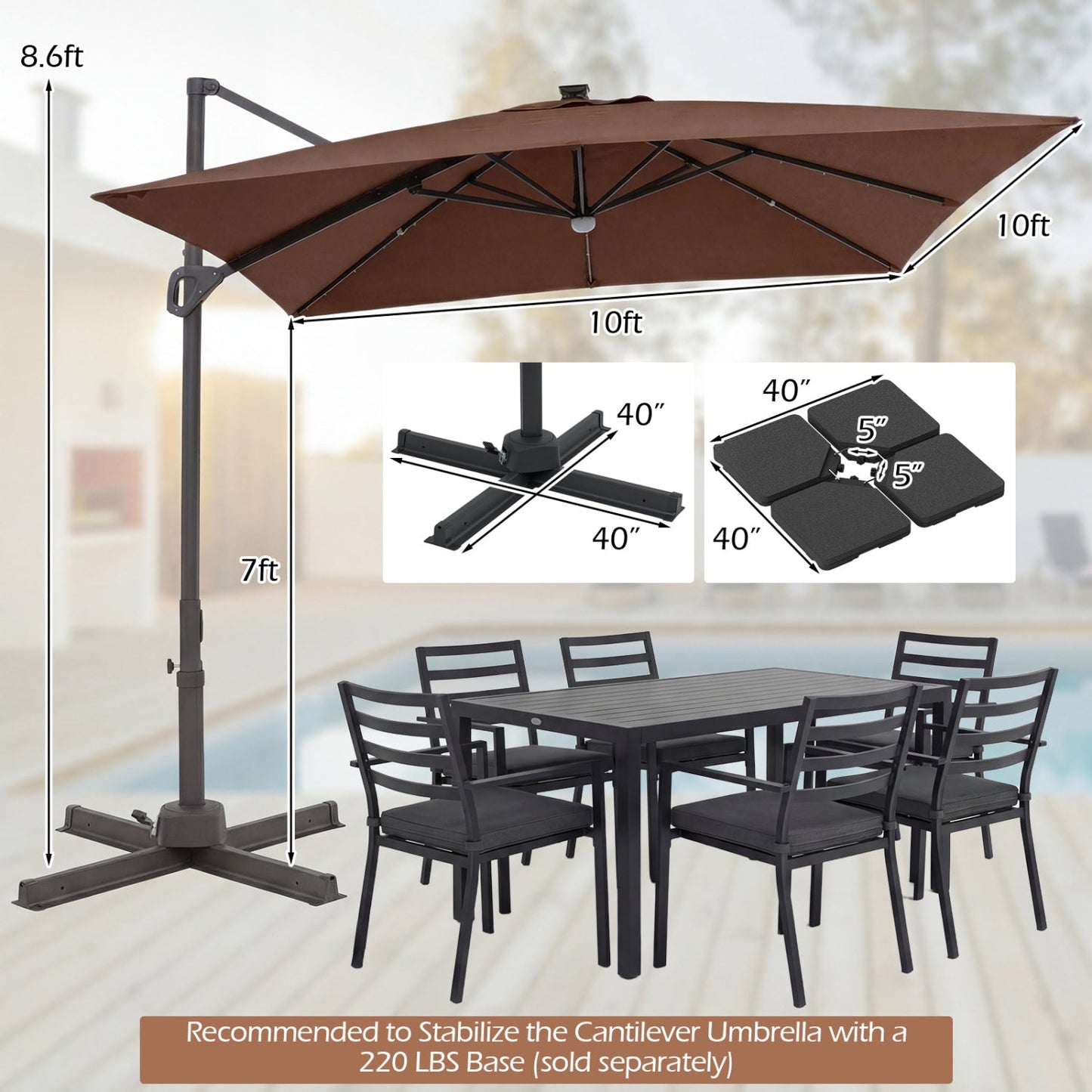 10 FT Cantilever Patio Umbrella with Solar LED Lights for Pool and Garden