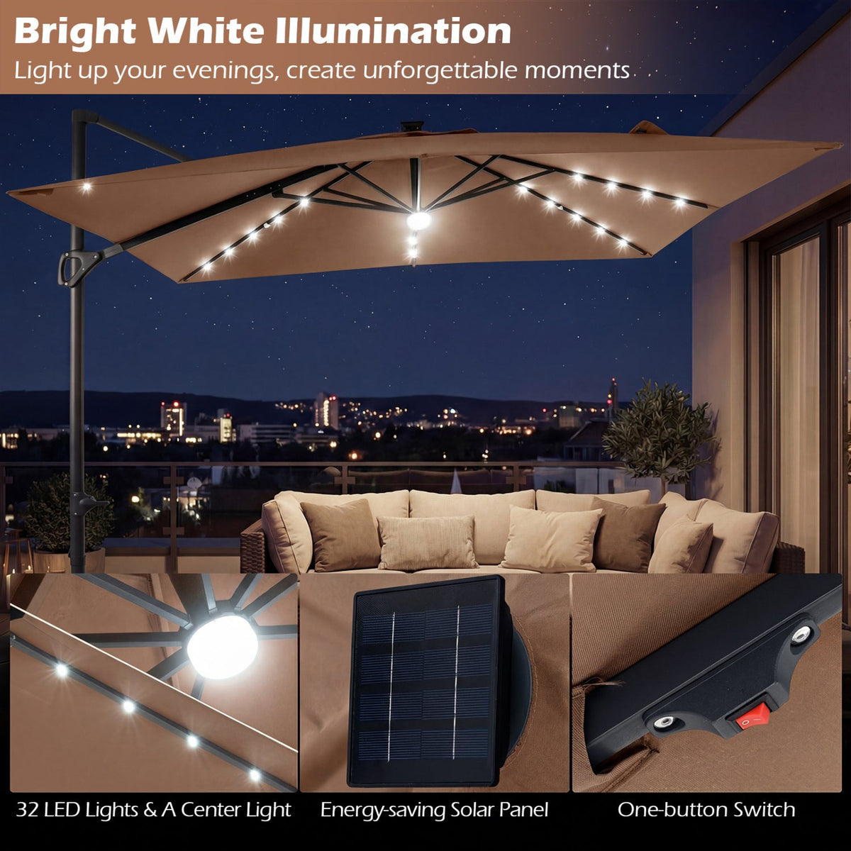 10 FT Cantilever Patio Umbrella with Solar LED Lights for Pool and Garden