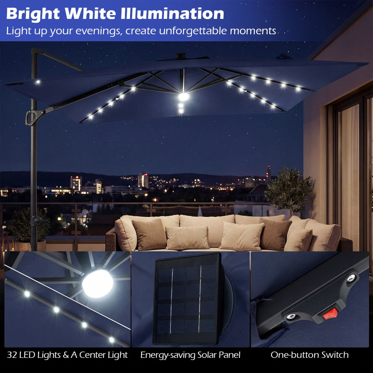 10 FT Cantilever Patio Umbrella with Solar LED Lights for Pool and Garden