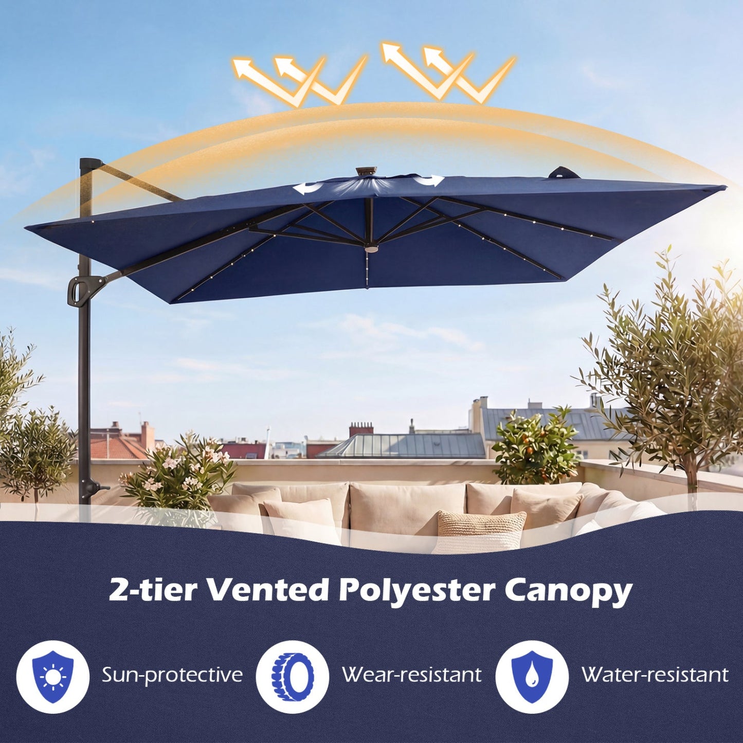 10 FT Cantilever Patio Umbrella with Solar LED Lights for Pool and Garden