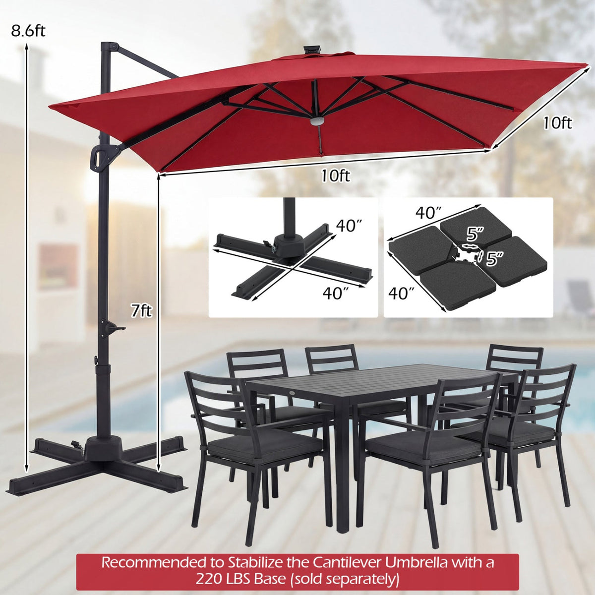 10 FT Cantilever Patio Umbrella with Solar LED Lights for Pool and Garden