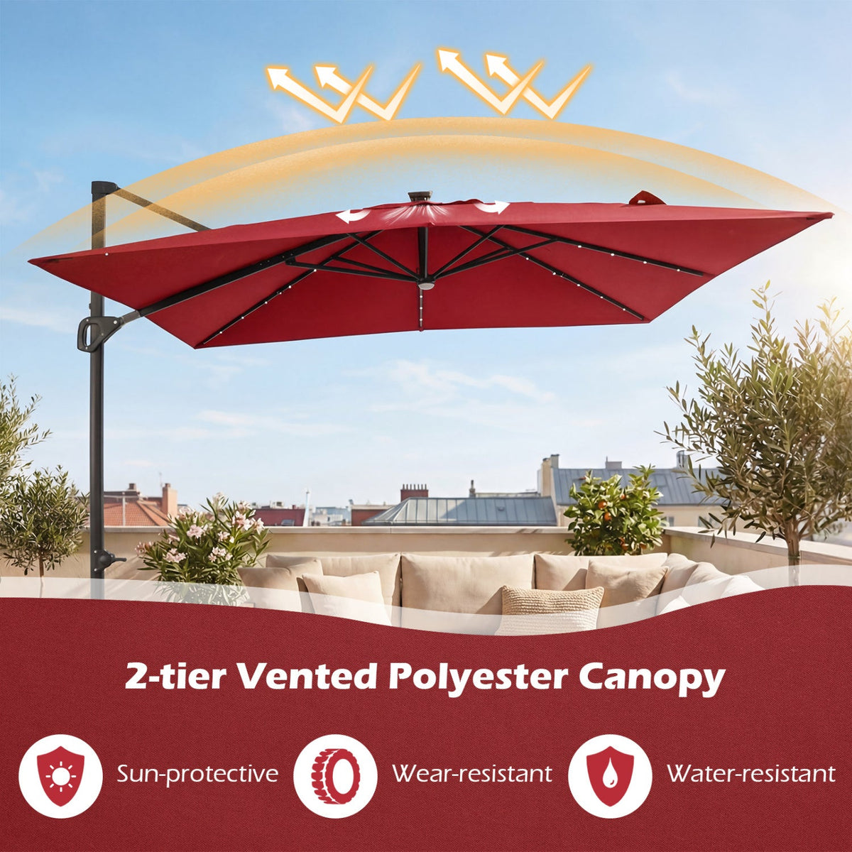 10 FT Cantilever Patio Umbrella with Solar LED Lights for Pool and Garden