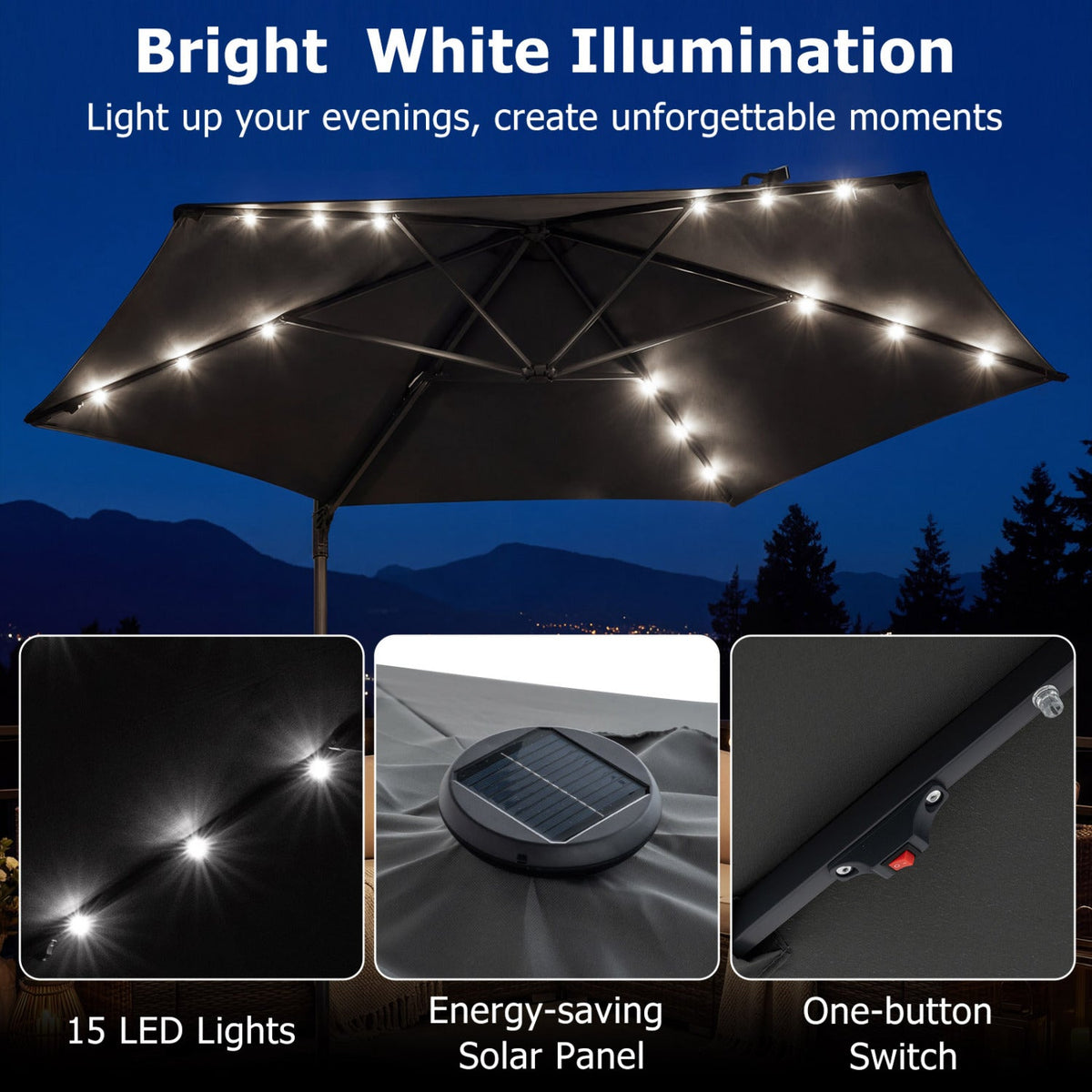 10 Feet Patio Cantilever Umbrella with Solar LED Lights