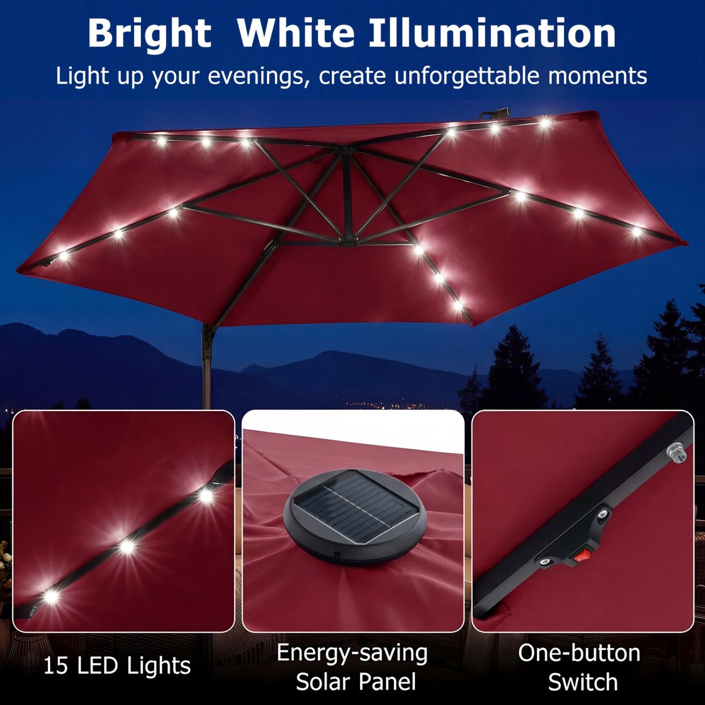 10 Feet Patio Cantilever Umbrella with Solar LED Lights