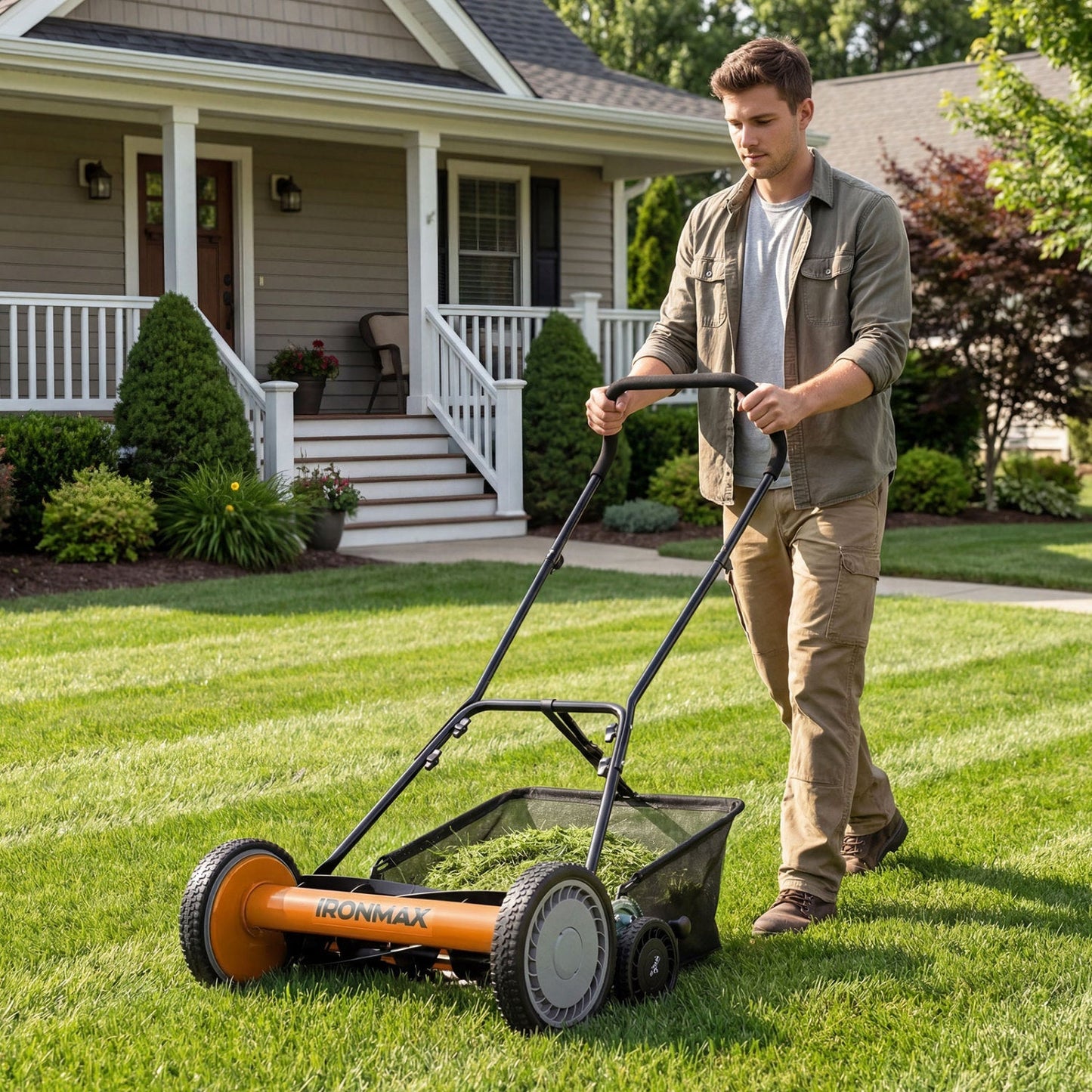 18 Inch Push Reel Lawn Mower 4-Position Adjustable with Removable Grass Catcher