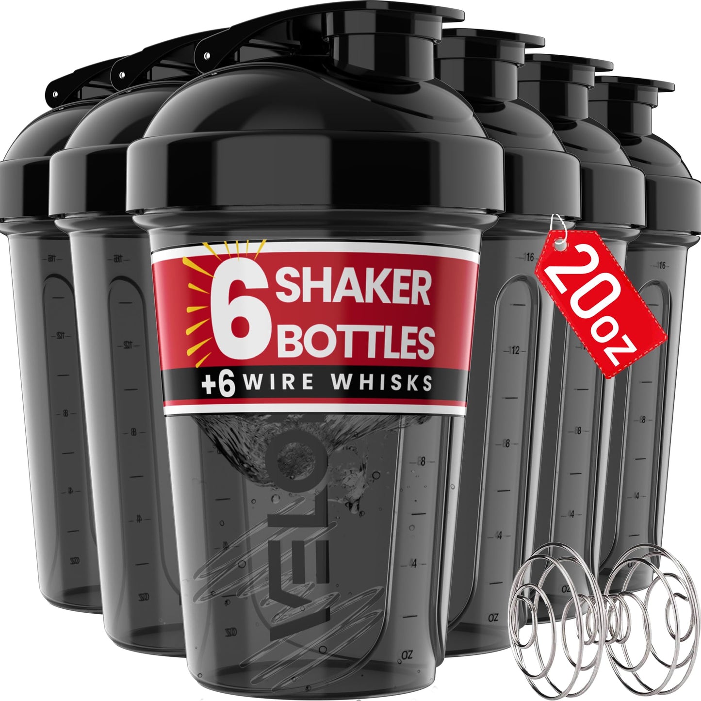 6-Pack 20oz Protein Shaker Bottles – Black Gym Mixer Cups