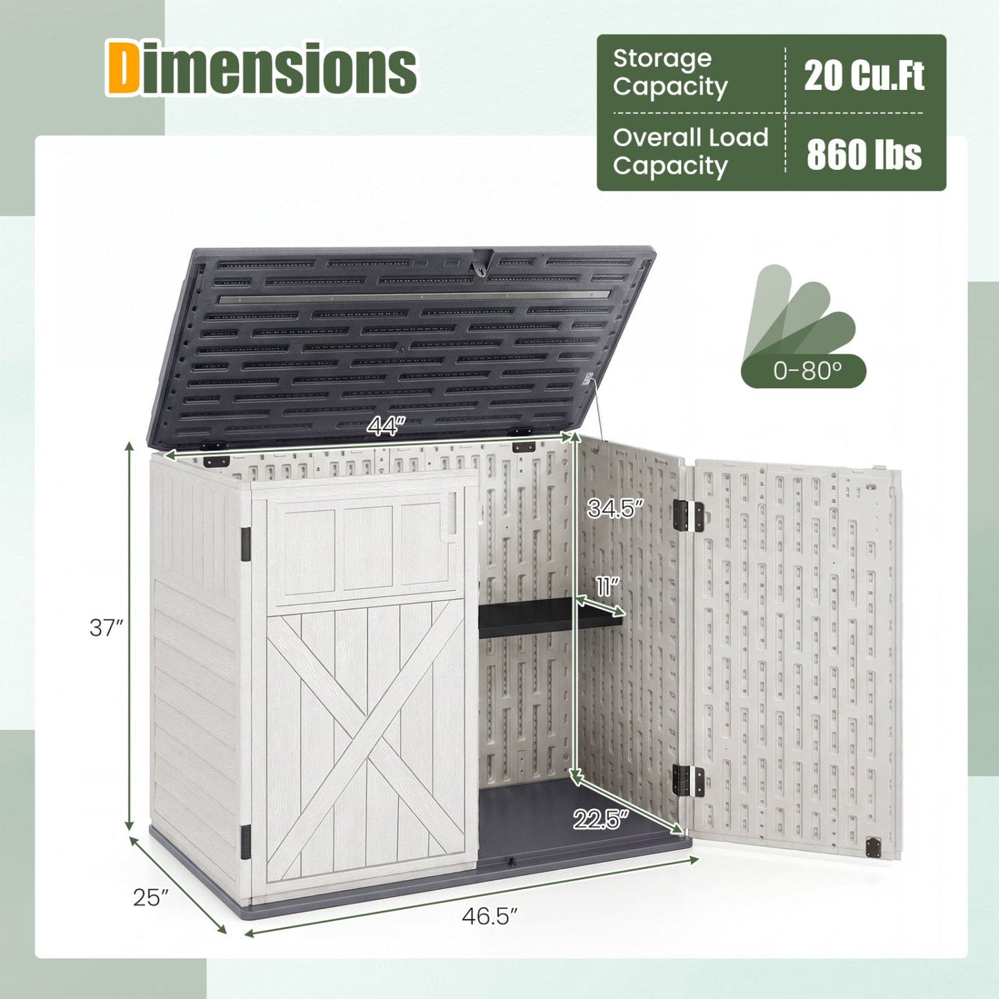 20 Cu.Ft Horizontal Resin Storage Shed with Adjustable Shelf