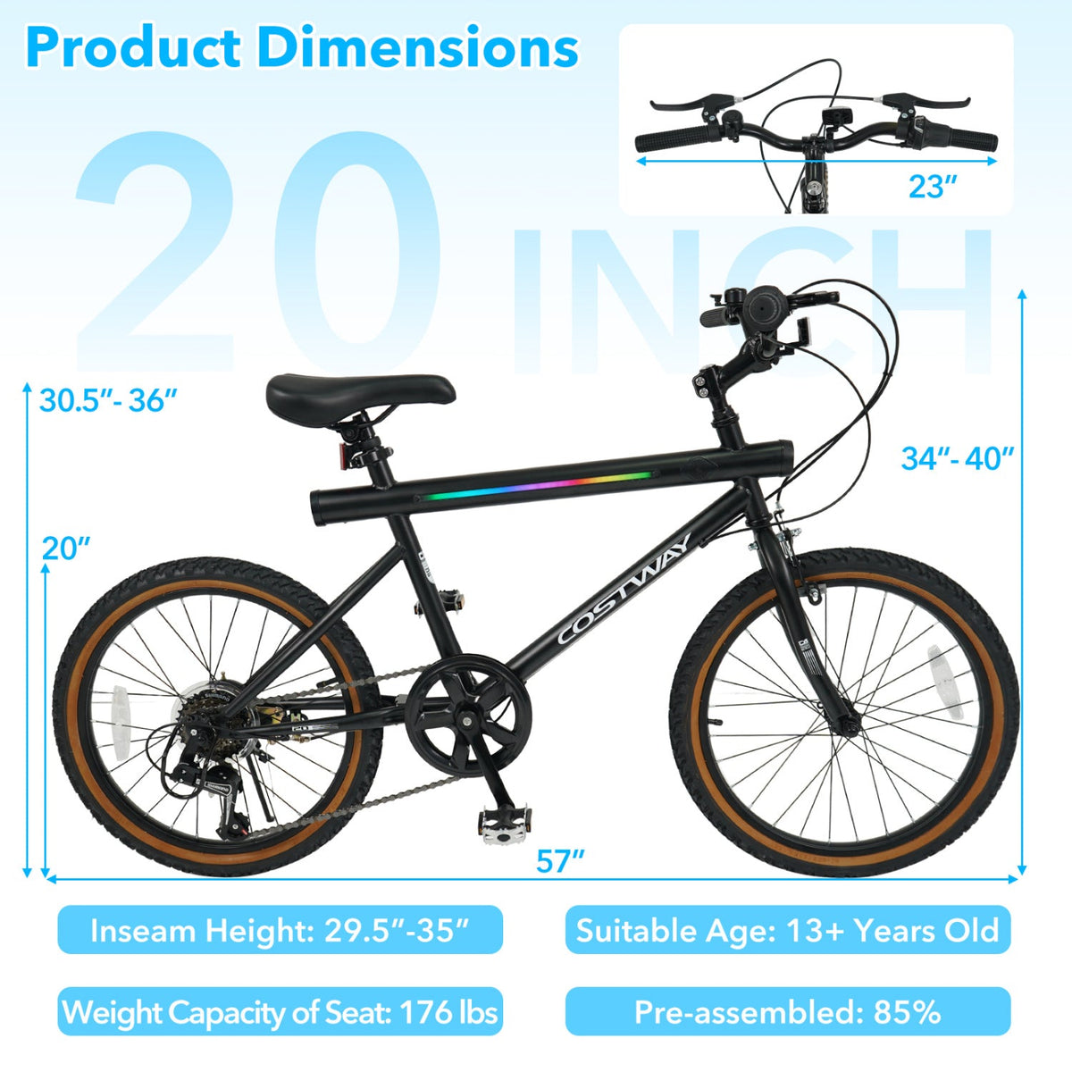 20 Inch LED-lit Cycling Bike with 2 Speakers and Ambient Lights for Men and Women
