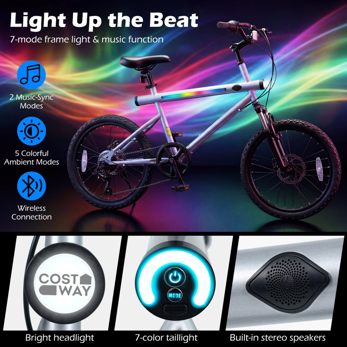 20 Inch Commuter Bicycle LED-lit with 6-Speed Shimano Twist Shifting and Stereo Speakers