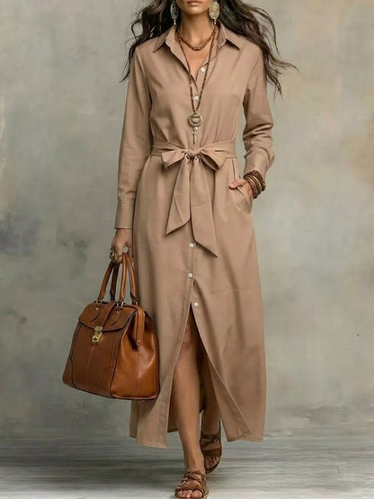 Full Size Tie Waist Long Sleeve Shirt Dress Plus Size