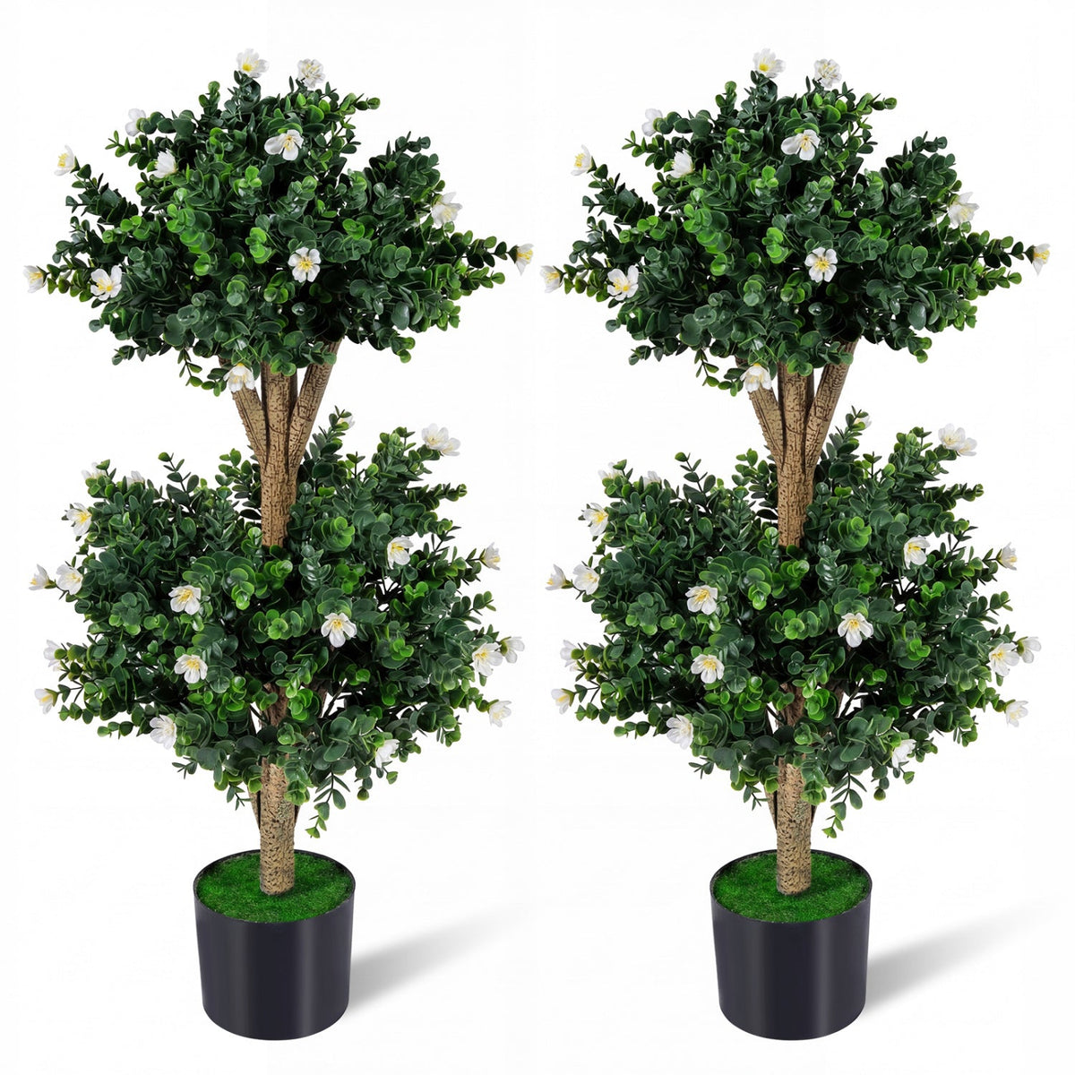 2 Pack 36" Artificial Double Ball Boxwood Topiary Tree with 41 Blossoms