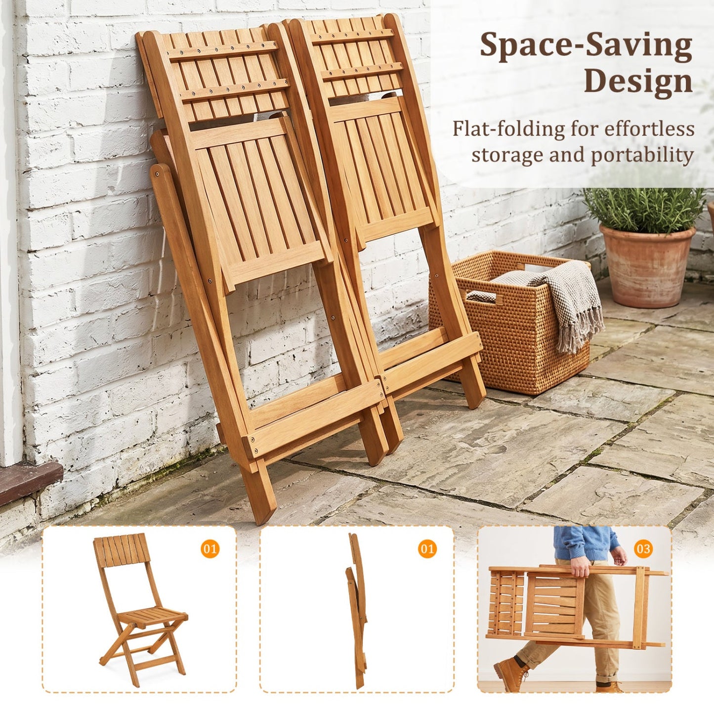 2 Pack Folding Chairs Sturdy Wood Dining Chairs with Slatted Backrest and Seat