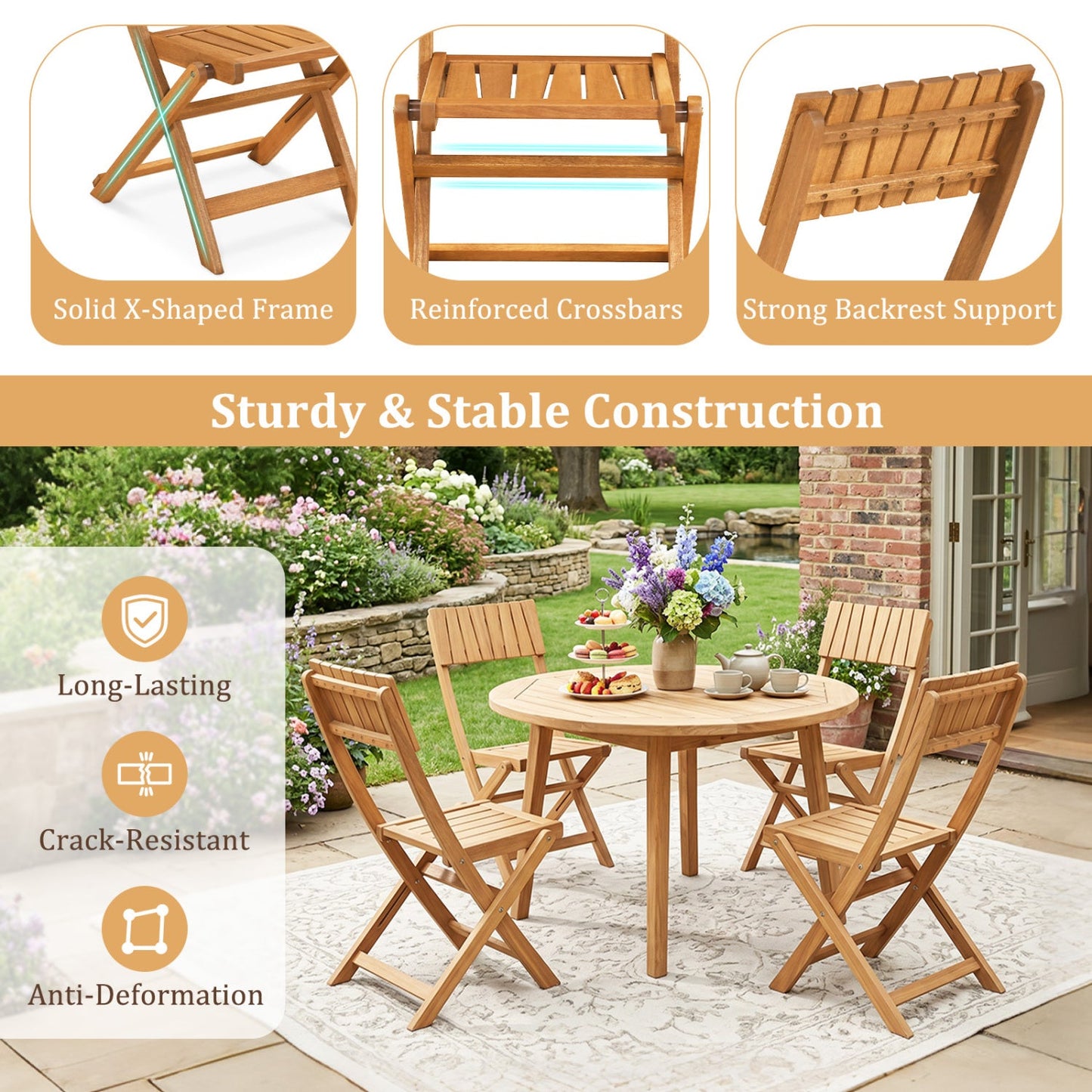 2 Pack Folding Chairs Sturdy Wood Dining Chairs with Slatted Backrest and Seat