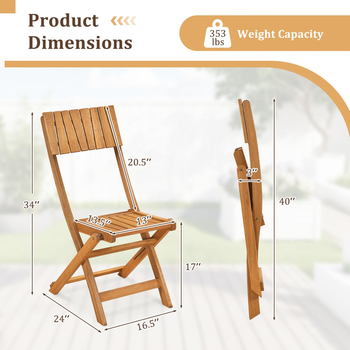 2 Pack Folding Chairs Sturdy Wood Dining Chairs with Slatted Backrest and Seat