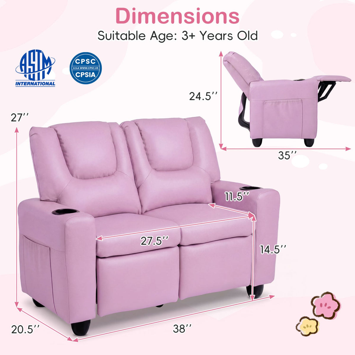 2-Seater Kids Recliner Double Toddler Sofa Chair with 2 Cup Holders