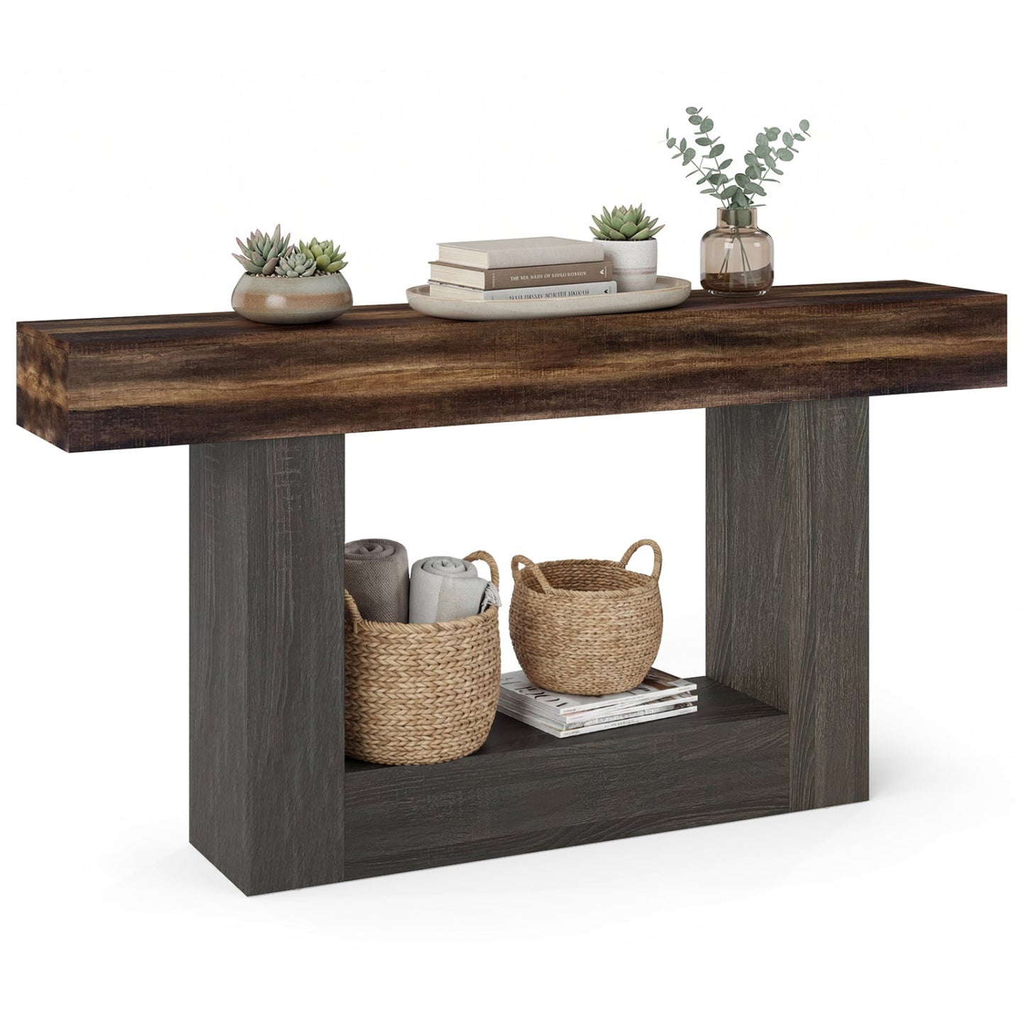 2-Tier Farmhouse Console Table 63" Long with Storage Shelf