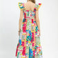 Umgee Abstract Print Smocked Ruffle Sleeve Tiered Midi Dress