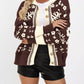 Floral Pattern Knit Cardigan with Contrast Collar