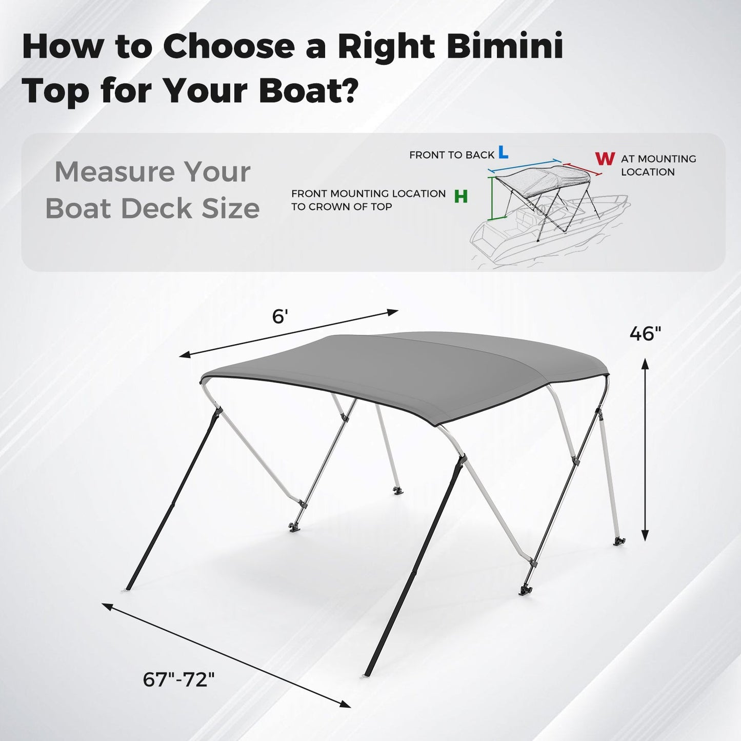 3-Bow Boat Bimini Top with Storage Boot - Gray