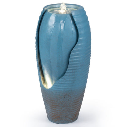 32 Inch Tall Jar Water Fountain with LED Lights and Pump Vintage Ceramic