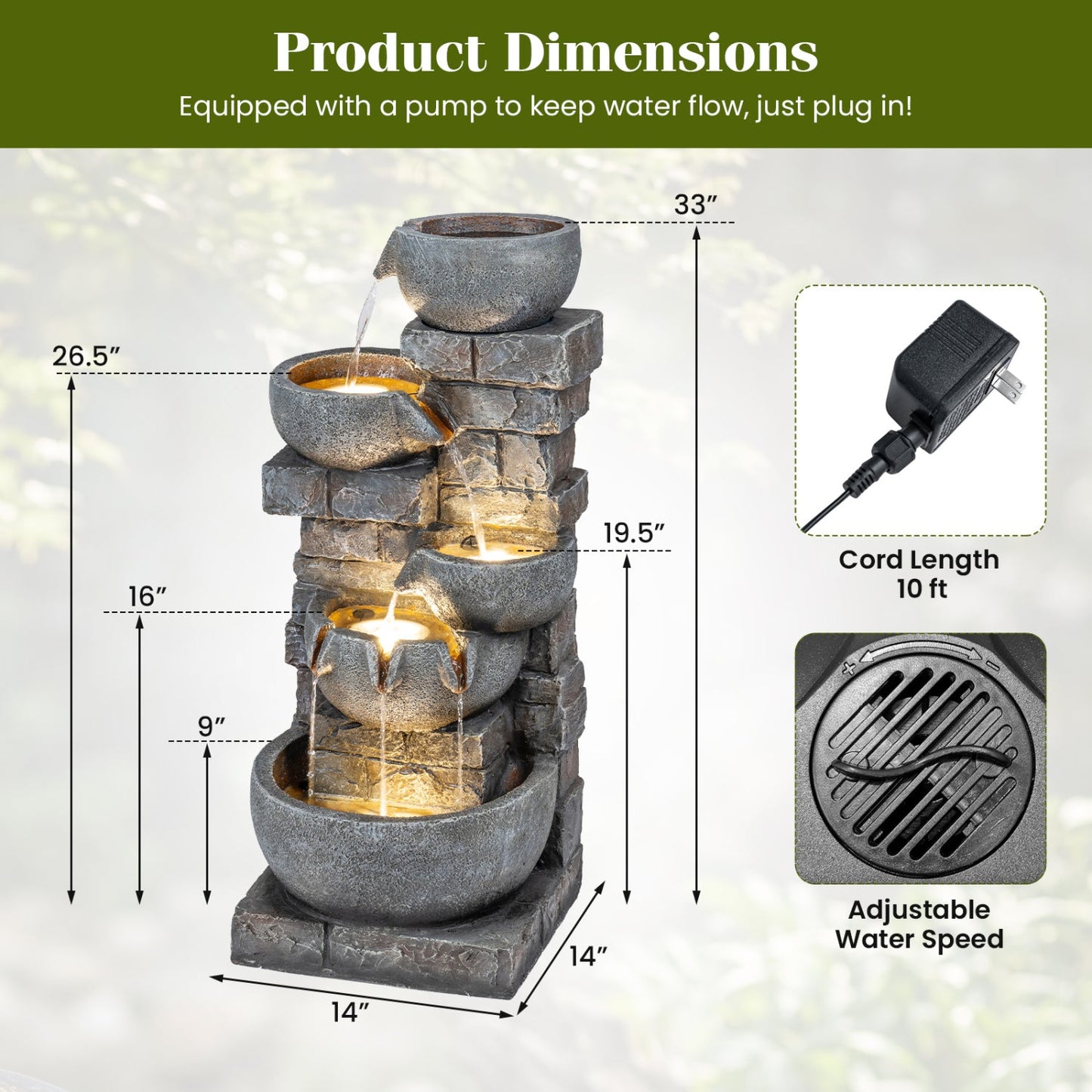 33" H Outdoor Water Fountain with LED Lights for Patio
