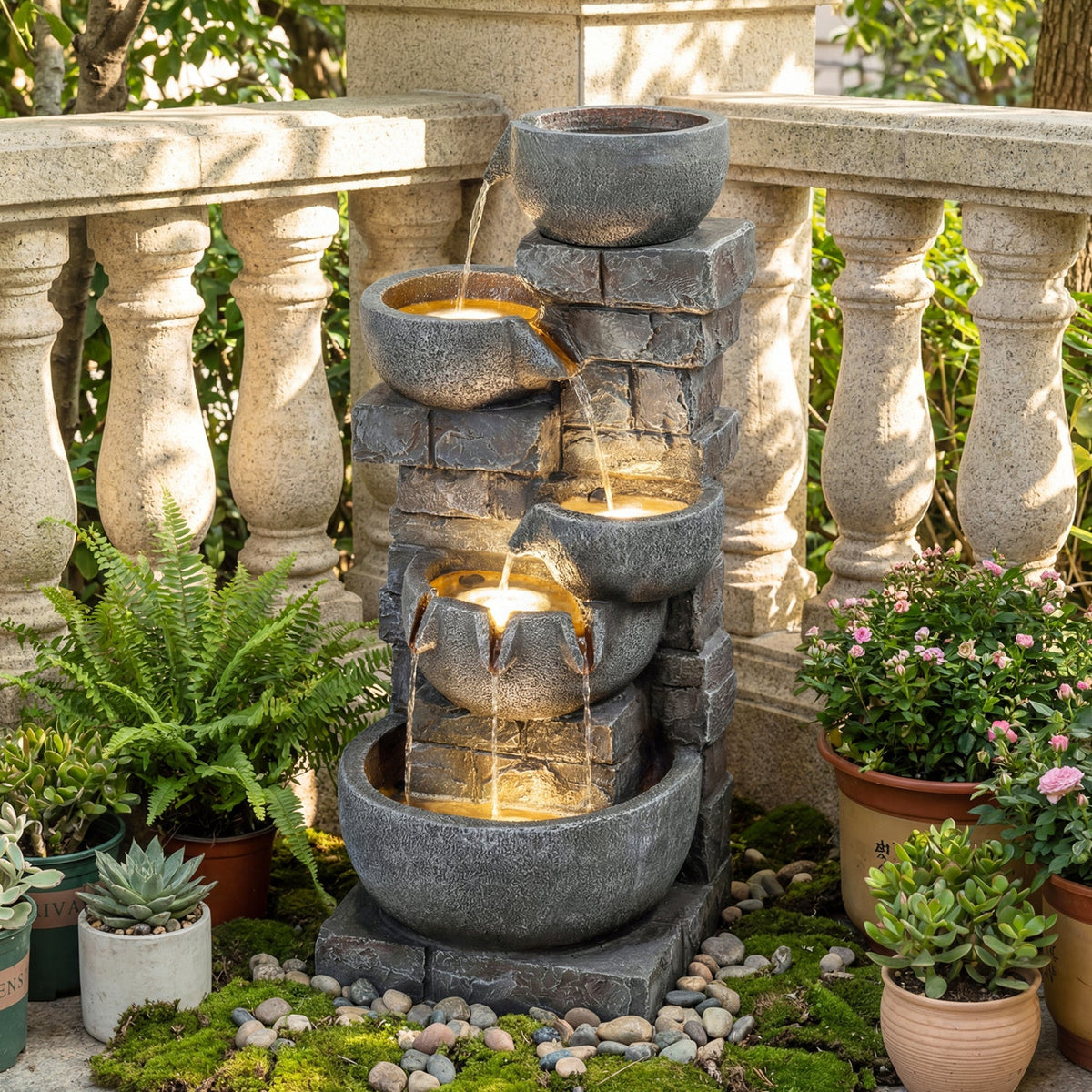33" H Outdoor Water Fountain with LED Lights for Patio