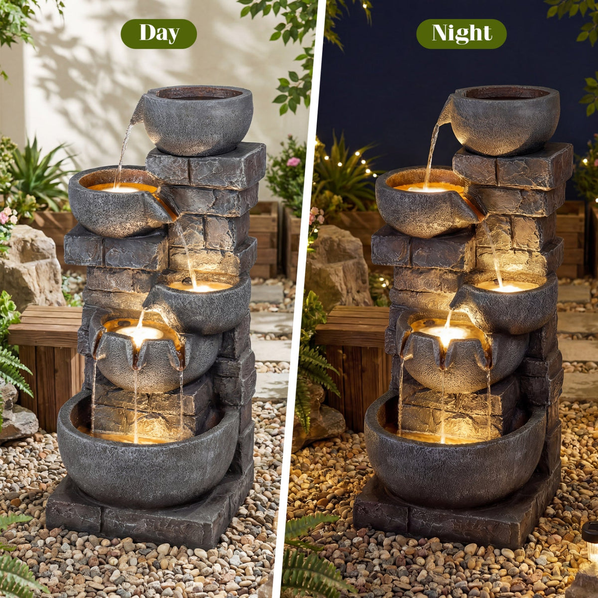 33" H Outdoor Water Fountain with LED Lights for Patio