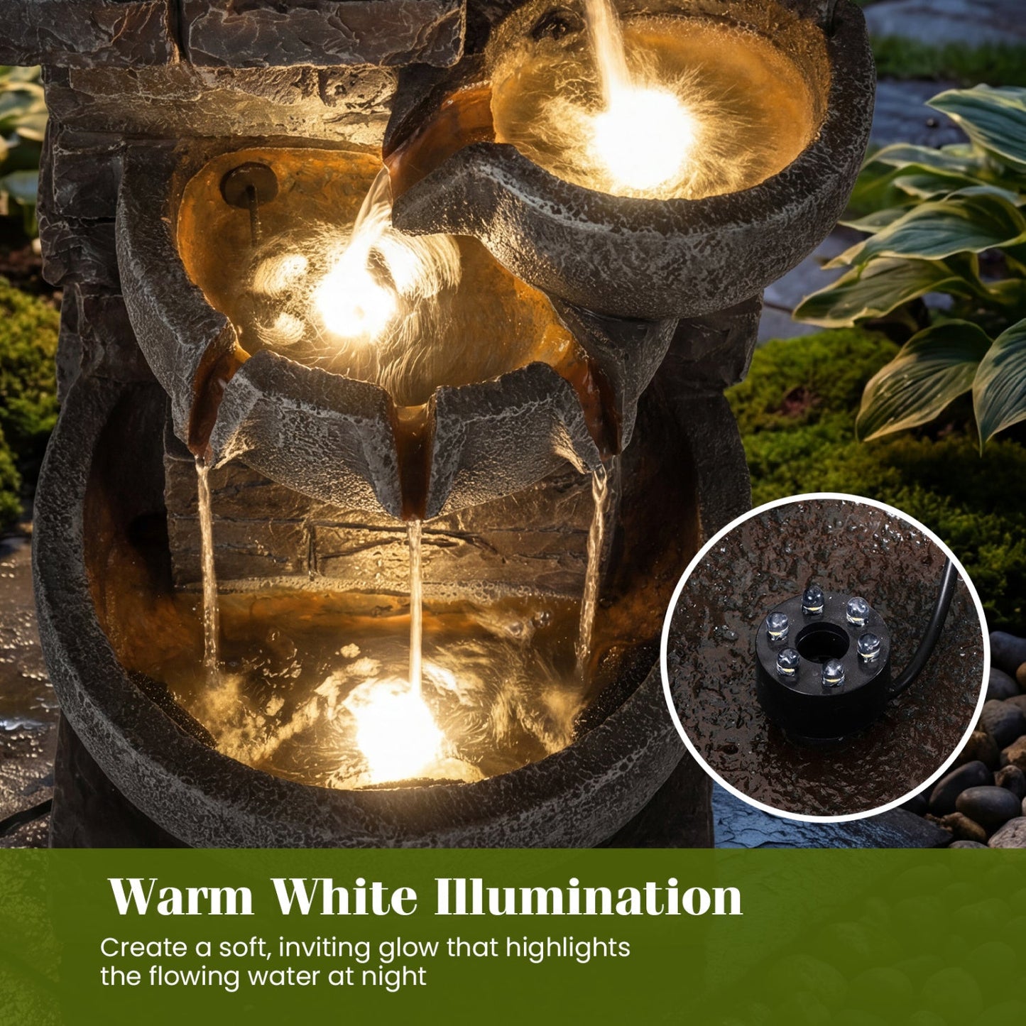 33" H Outdoor Water Fountain with LED Lights for Patio