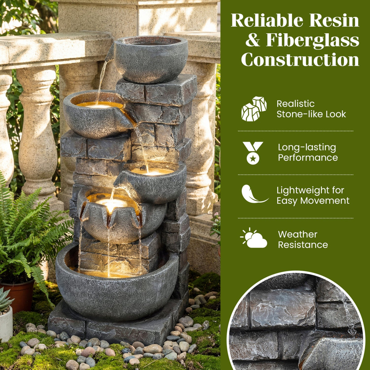 33" H Outdoor Water Fountain with LED Lights for Patio