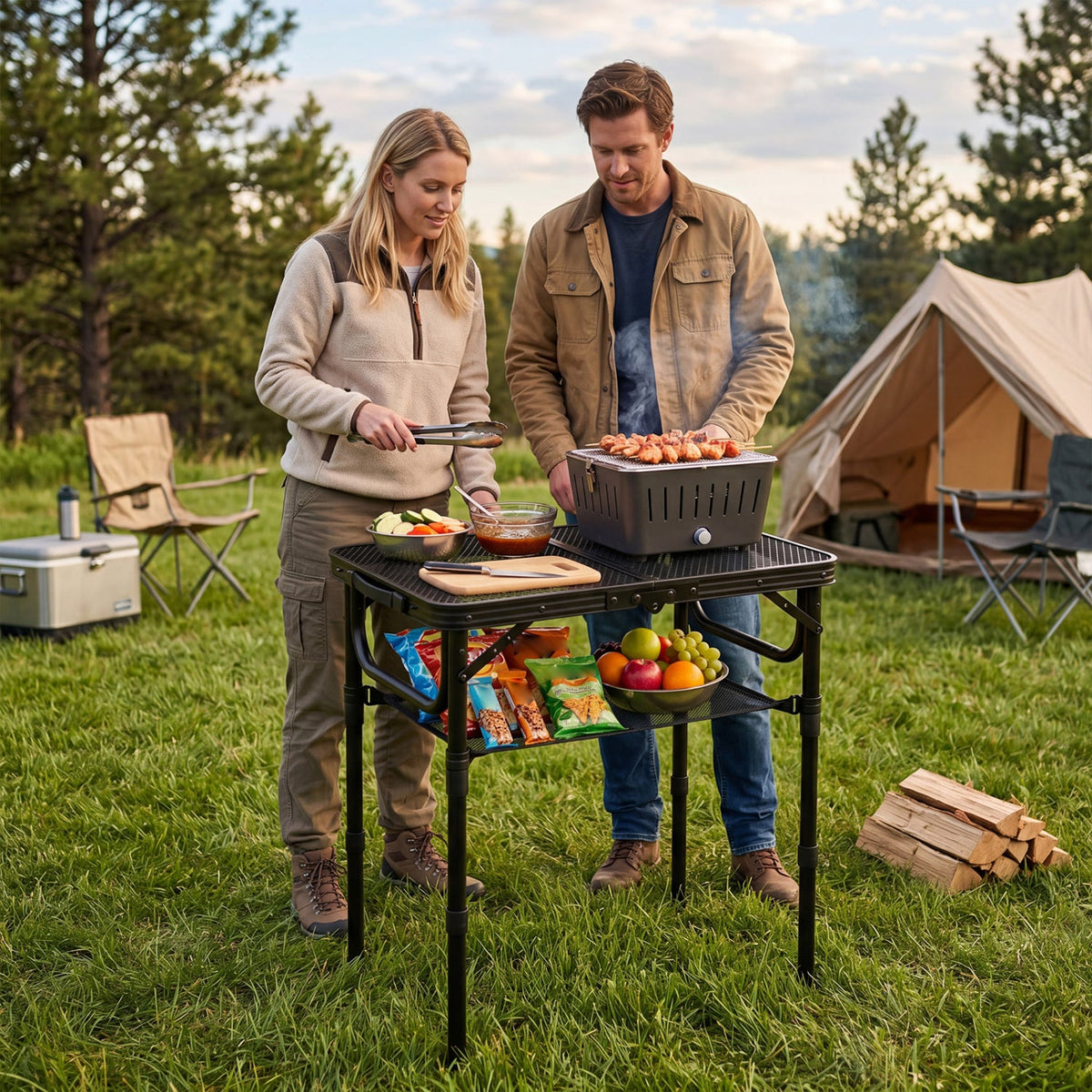 3-Height Folding Picnic Table with Large Storage Net and Handle