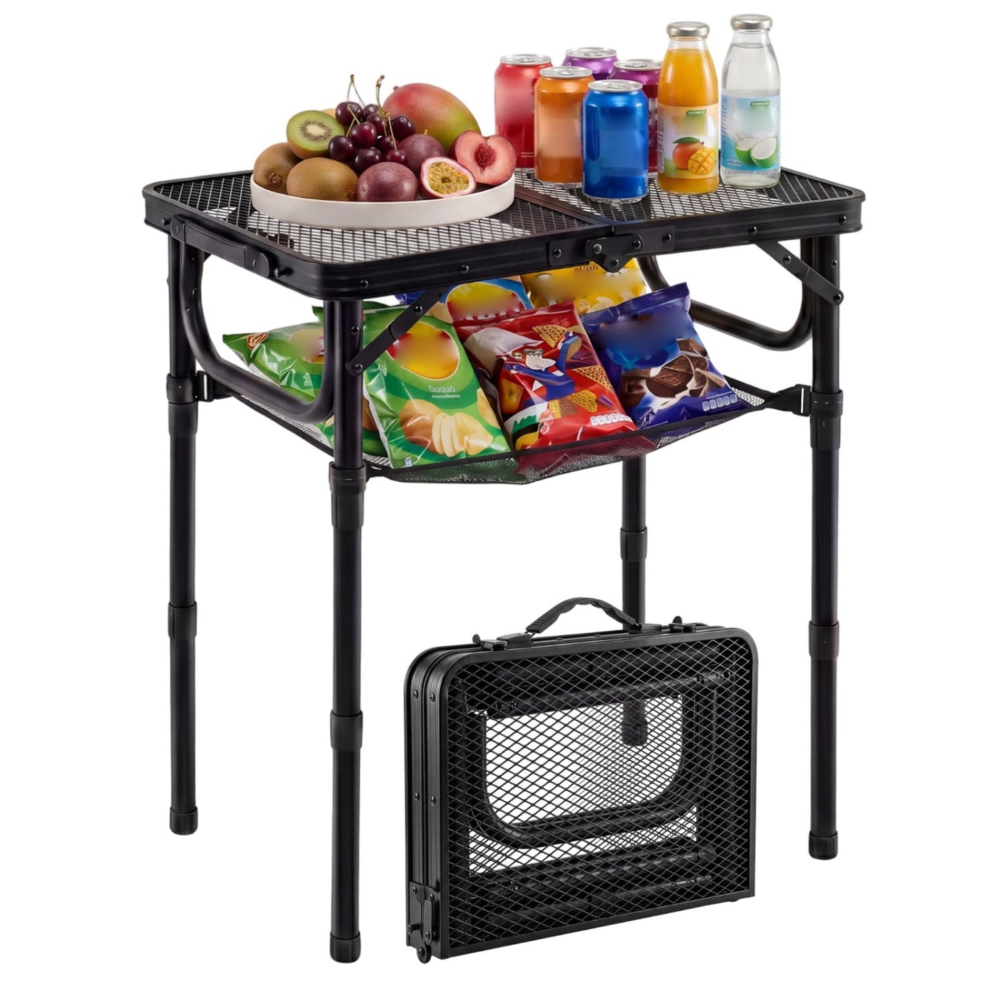 3-Height Folding Picnic Table with Large Storage Net and Handle