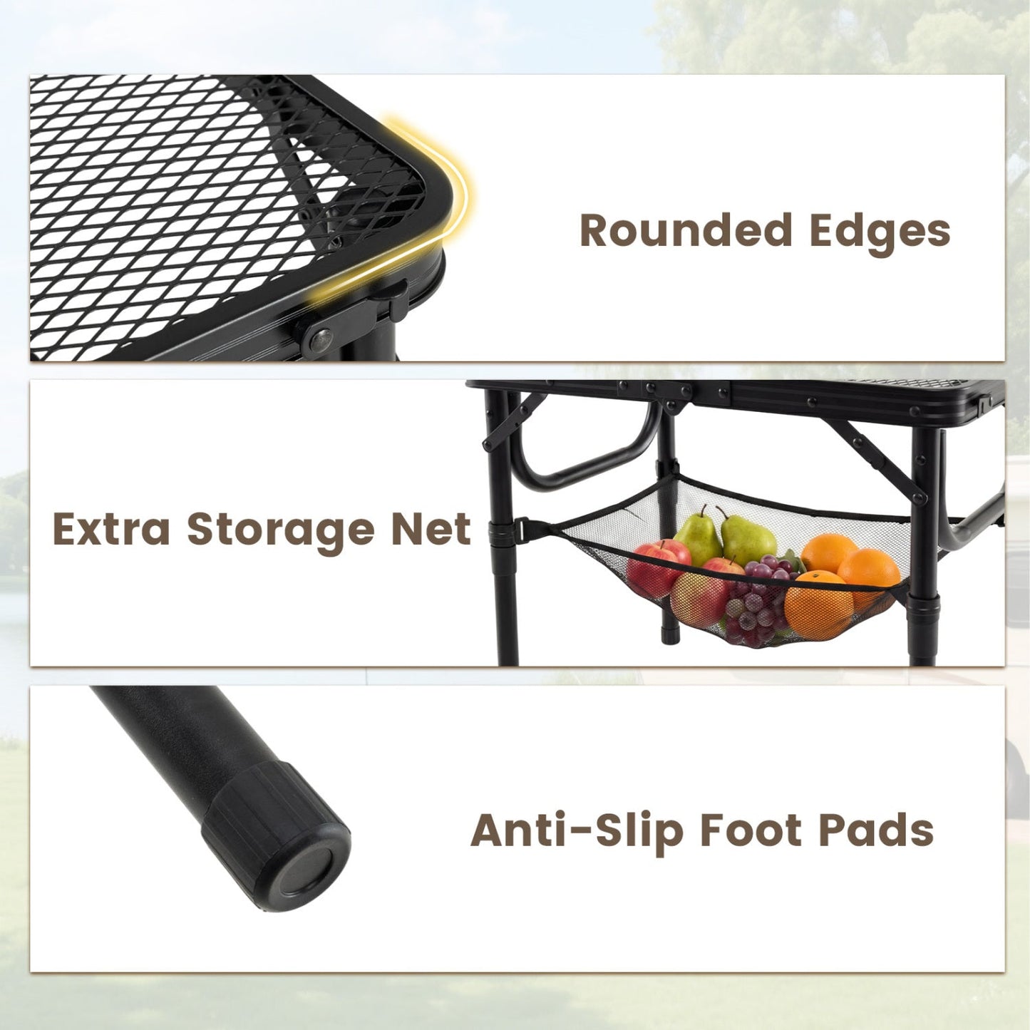 3-Height Folding Picnic Table with Large Storage Net and Handle