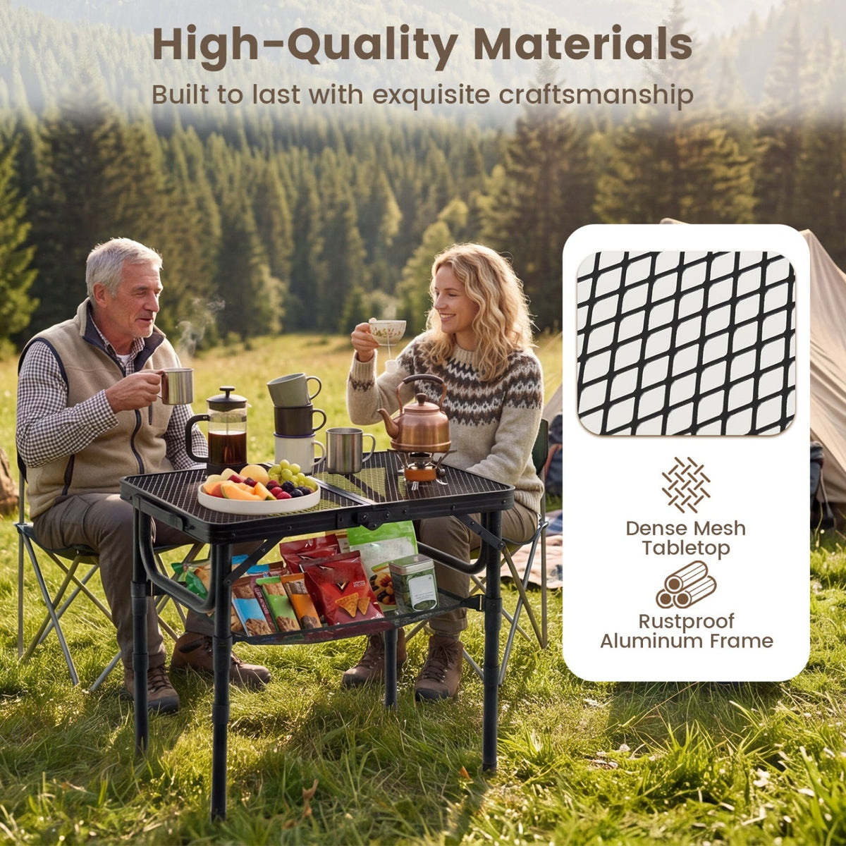3-Height Folding Picnic Table with Large Storage Net and Handle