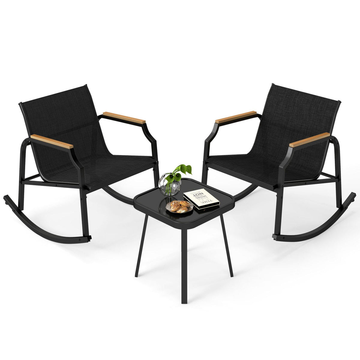 3-Piece Patio Rocking Bistro Set with Glass Coffee Table
