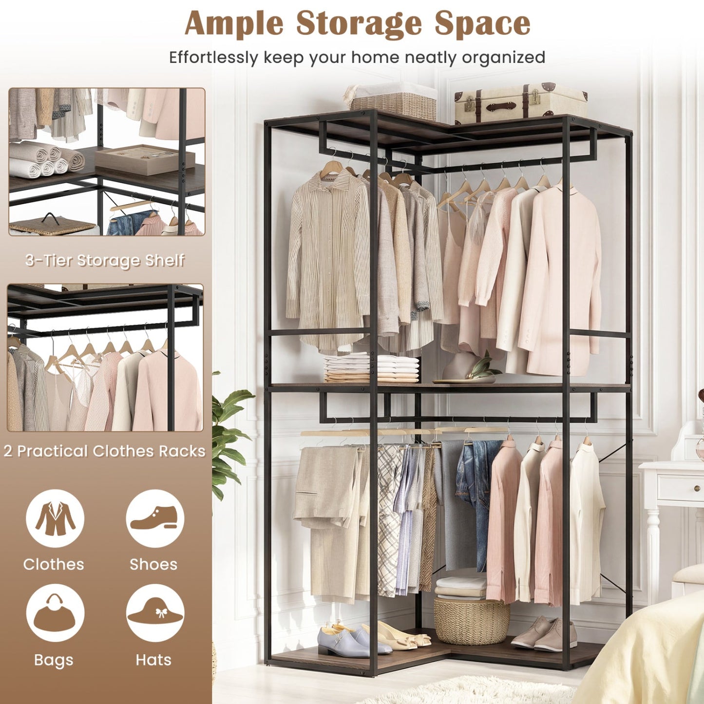 3-Tier Heavy Duty Clothes Rack with 3 Shelves & 2 Hanging Racks