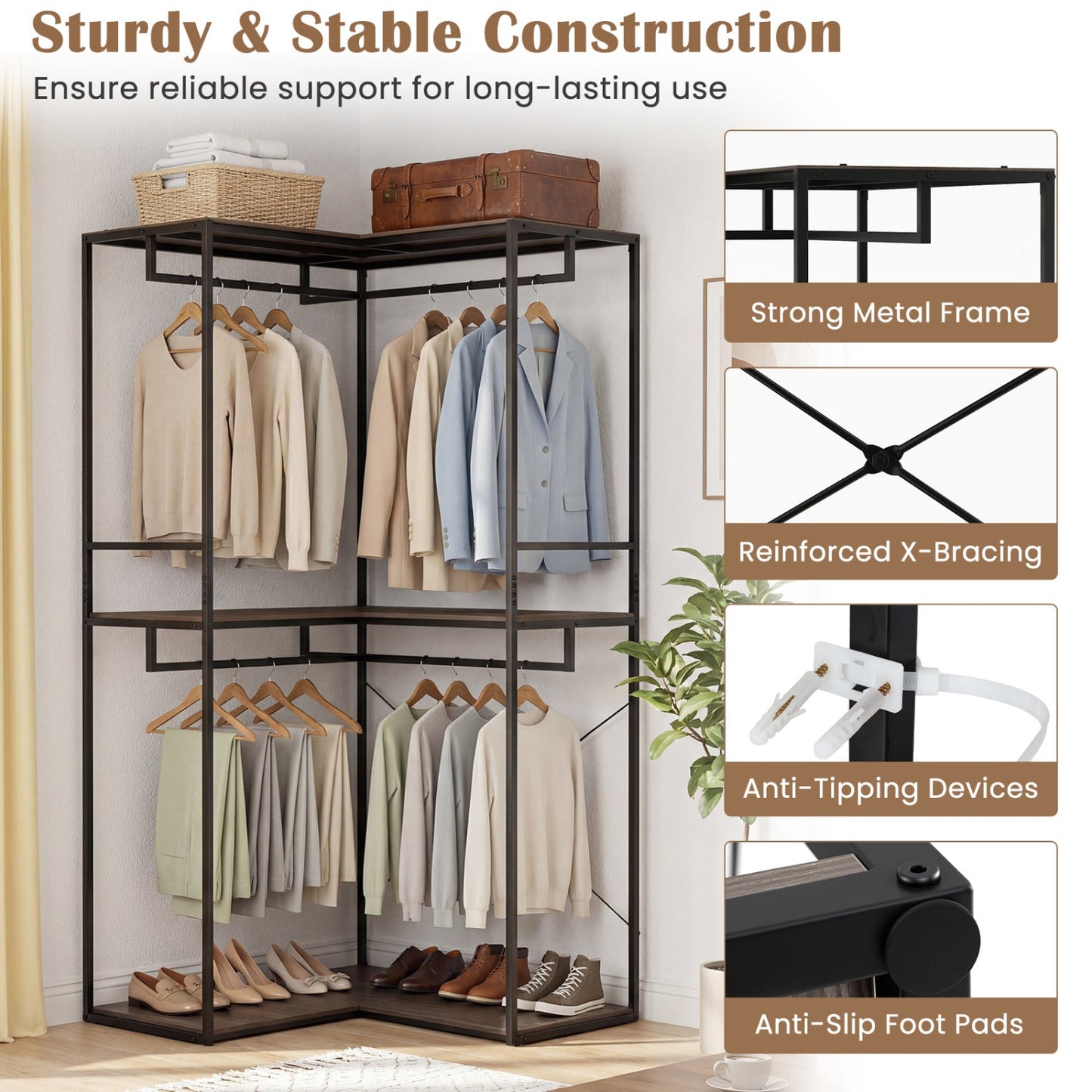 3-Tier Heavy Duty Clothes Rack with 3 Shelves & 2 Hanging Racks