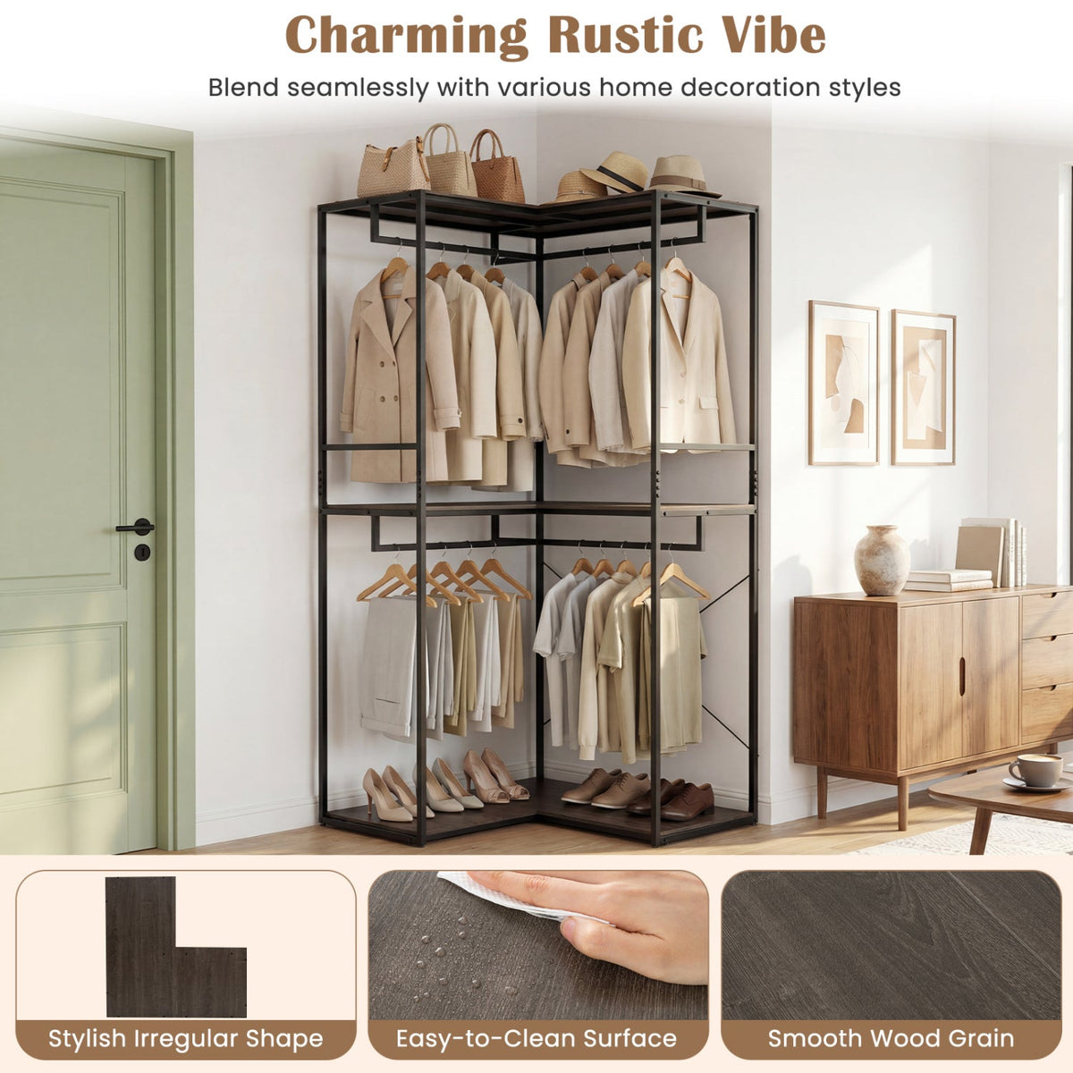3-Tier Heavy Duty Clothes Rack with 3 Shelves & 2 Hanging Racks