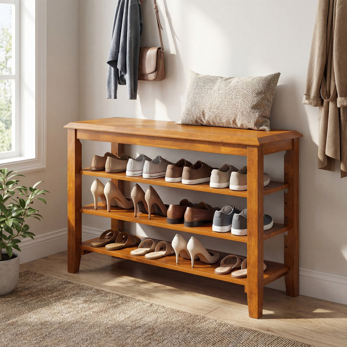 3-Tier Shoe Rack Bench with Adjustable Shelves for Entryway and Living Room