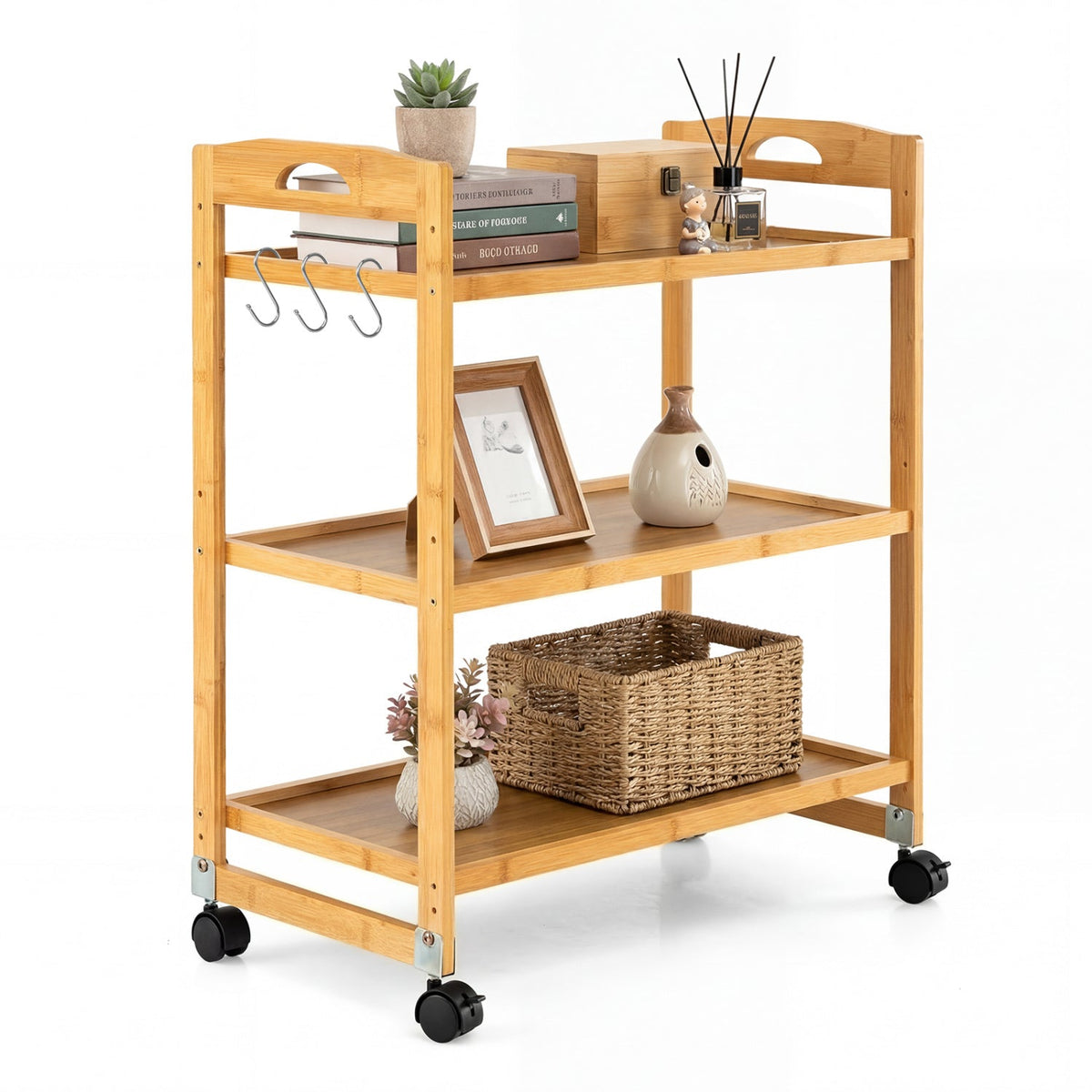 3-Tier Storage Rolling Cart Bamboo Utility Cart with 4 Universal Wheels
